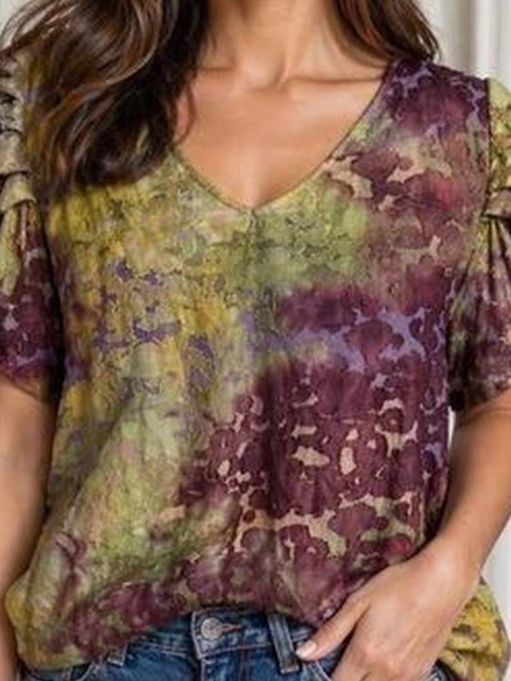 Cato Green & Purple Velvet Burnout V-Neck Long Sleeve Top